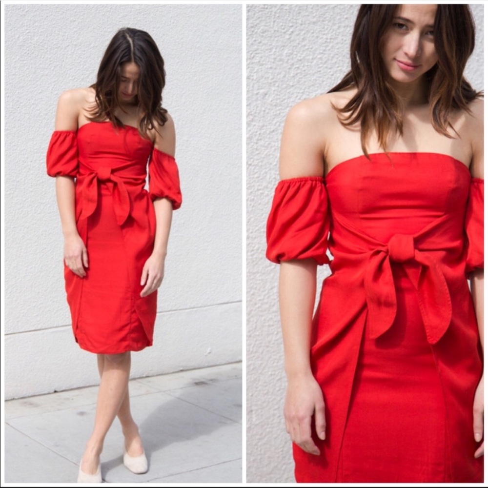 LPA  Dress 146 In Red Off‎ The Shoulder Midi Dress Size M